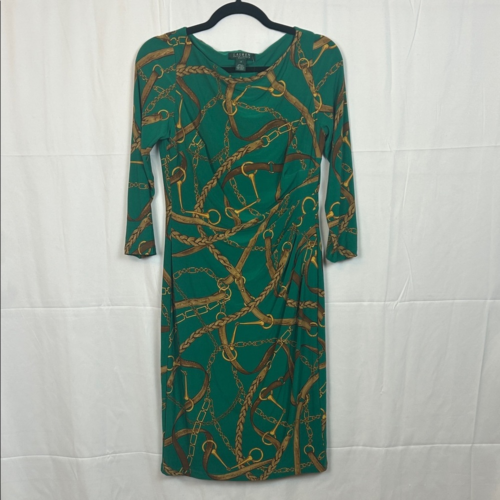 Lauren Ralph Lauren Green,  Brown & Gold Horse Bit Pattern Long Sleeve Dress
